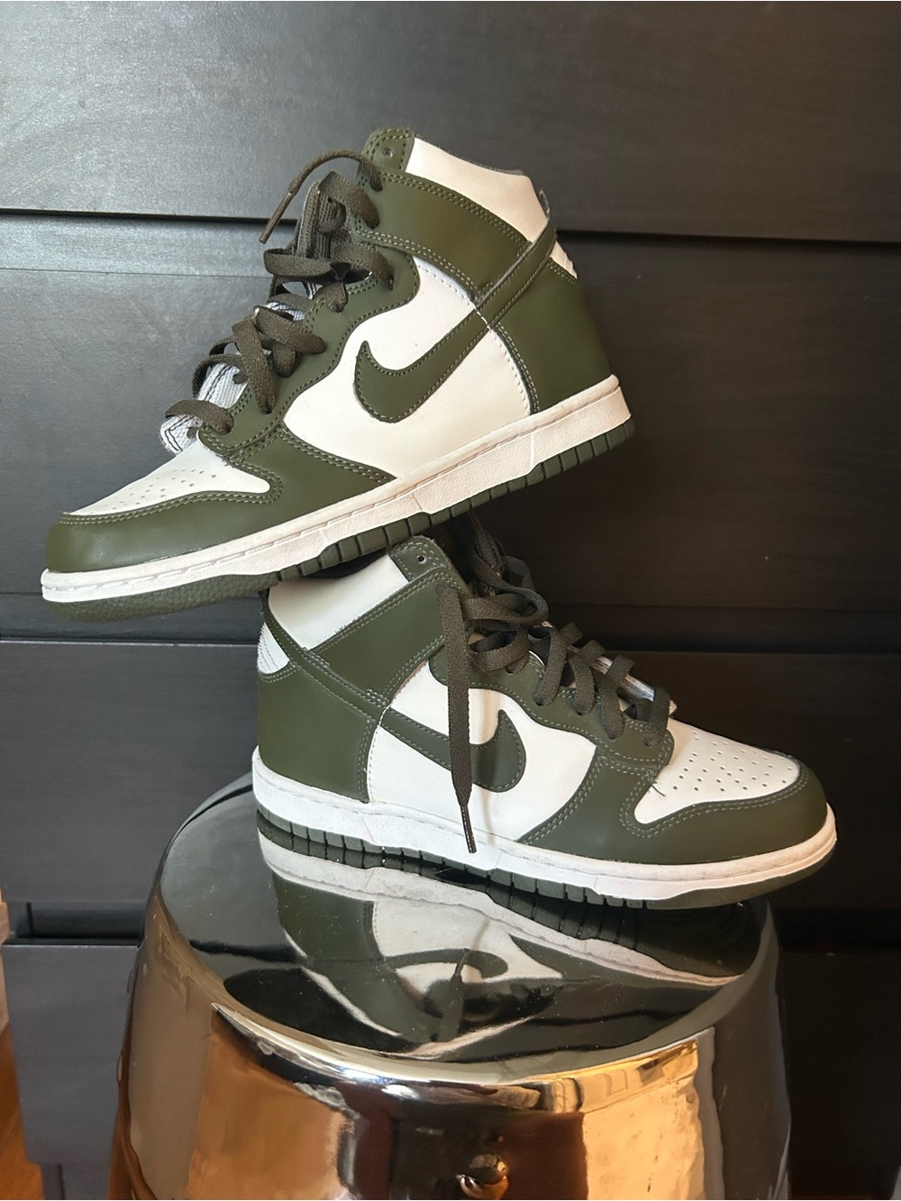 Nike Kids High-Top Sneakers in Olive Green and White